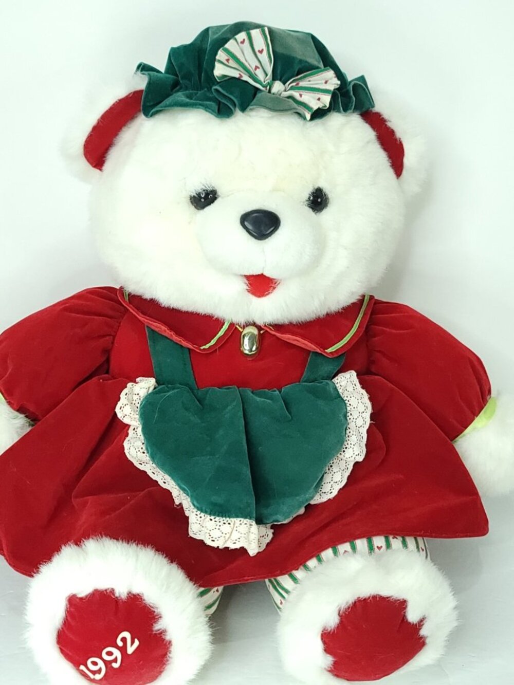 1992 Kmart Girl Xmas Teddy Bear Plush Red Velvet Dress Stuffed Top Hat Fade 22"